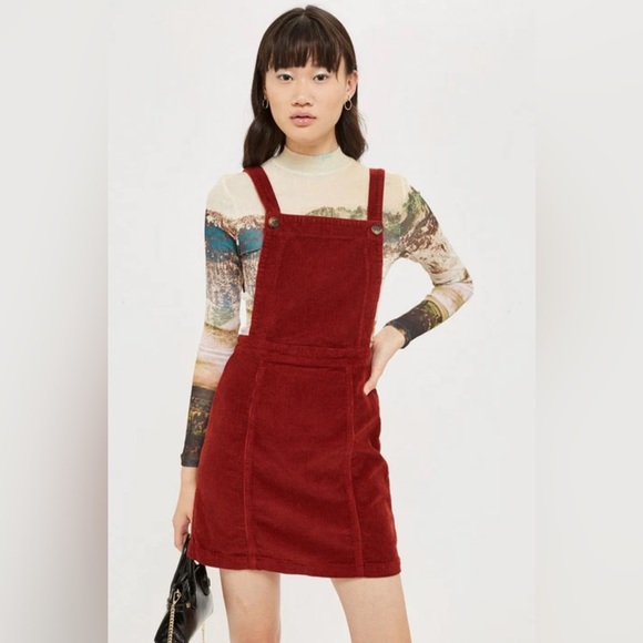 TopShop Women' Rust Red Horn Button Corduroy Pinafore Dress Sz 4 - Picture 1 of 5